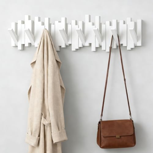 CAQ Wall Mount Coat Rack 8 Hooks, Wood Wall Coat Hooks Piano Key Style Folding, Wall Coat Hooks Magnetic Hanger for Entryway Bedroom, White by CAQ