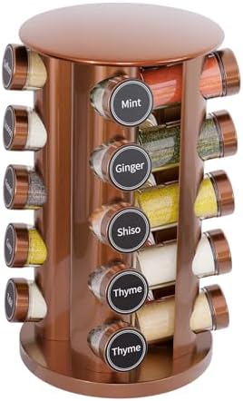 New England Stories Revolving Spice Rack Set with 20 Spice Jars, Kitchen Spice Tower Organizer for Countertop or Cabinet - Carousel Storage Includes 386 Spice Labels (Gold) by NewEnglandStories