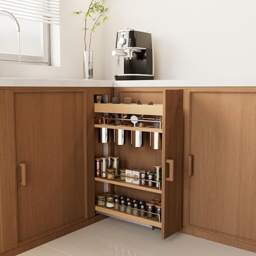 DINDON Pull Out Spice Rack Cabinet Organizer, (5" W x 21.9" D x 25.2" H) Multi-Use Soild Wood Pull Out Cabinet Organizer With 4 Movable Stainless Steel Cutlery Storage Buckets for Kitchen Organization - Image 2