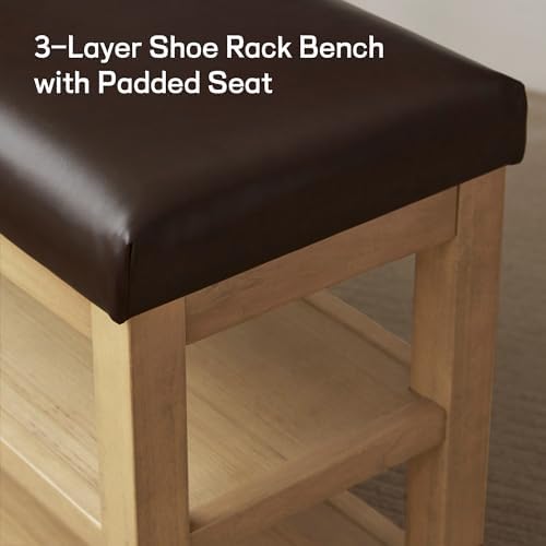 Zihanhome Shoe Rack Bench with Leather Cushion, 2 Tier Solid Wood Storage Bench, Mid-Century Modern Shoe Bench for Entryway, Hallway, Closet, Front Door Entrance, Foyer (Dark Brown, 46.5) - Image 7