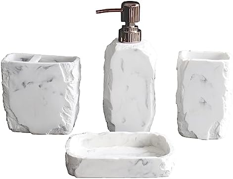 Hymmah Marble Bathroom Accessories Set,Marble Design Toothbrush Holder,Farmhouse Bathroom Decor,4 Pcs Resin Gift Set Apartment Necessities, Contain Toothbrush Cup,Soap Dispenser,Soap Dish,Tumbler by Hymmah