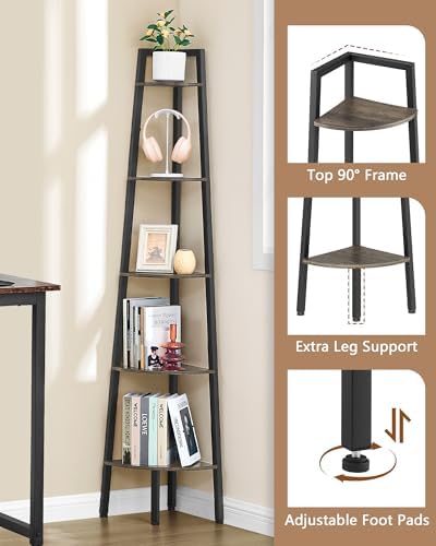 Hoctieon Corner Shelf, 5-Tier Corner Bookshelf, Rustic Ladder Shelf, Industrial Display Stand for Living Room, Kitchen, Home Office, Balcony, Small Space, Metal Frame, Grey - Image 4