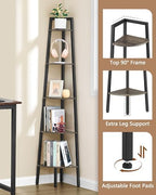 Hoctieon Corner Shelf, 5-Tier Corner Bookshelf, Rustic Ladder Shelf, Industrial Display Stand for Living Room, Kitchen, Home Office, Balcony, Small Space, Metal Frame, Grey - Image 4