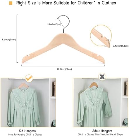 Nature Smile 20 Pack Unfinished/Natural Kids Baby Children Toddler Wooden Shirt Dress Coat Hangers with No Painting - 360°Stronger Anti-Rust Chrome Swivel Hook - Extra Smoothly Cut Notches - Image 2
