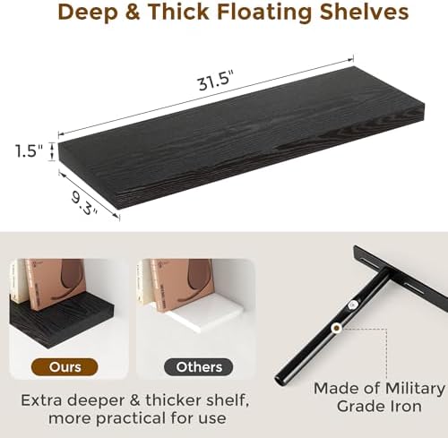 Fun Memories 32" W x 9.3" D Floating Shelves in Black, Rustic Wood Deep Shelves for Bedroom, Kitchen, Living Room, Long Floating Shelf for Wall, Storage Display Wall Shelf for Books Decor - Image 3