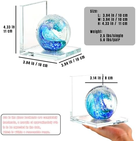 Glass Book Ends with Deep Ocean Blue Crystal Sea Wave Ball, Set of 2 - Image 6