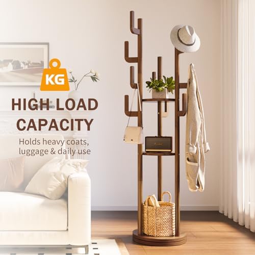 Yoobure Rotary Coat Rack Freestanding - Solid Wood Coat Tree with 9 hooks & 3 Storage Shelves for Purse, Bag, Jacket, Hat, Corner Hanger Stand Racks for Hall, Entryway, Office, Modern Clothes Holder - Image 6