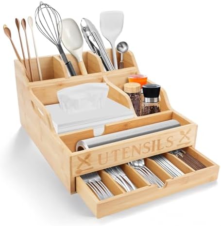 Kitchen Utensil Holder with Drawer, Farmhouse Spatula Organizer for Countertop,Large Capacity Flatware Spoon Forks Knives Cooking Tool Cutlery Holder for Party Picnic BBQ with 11 Compartments (Wood) by CUGBO