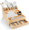 Kitchen Utensil Holder with Drawer, Farmhouse Spatula Organizer for Countertop,Large Capacity Flatware Spoon Forks Knives Cooking Tool Cutlery Holder for Party Picnic BBQ with 11 Compartments (Wood) by CUGBO