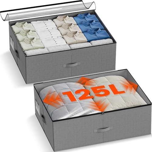 XXXXL 125L Under Bed Storage, Storage Containers with Support & Clear Lid, Support Frame, Underbed Storage Bins for Clothes, Shoes, Blankets, and Toys 2 pack by Home