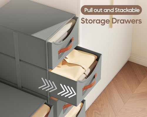 Homsorout Stackable Storage Drawers - Collapsible Storage Bins with Drawers, 4 Pack Closet Shelf Organizer Basket, Fabric Pull Out Organizer for Bedroom, Living Room, Dorm, Grey - Image 4