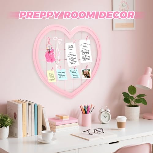 Pink Preppy Coquette Room Decor, Heart Shape Wire Wall Grid Panel for Photo Display Board and Wall Storage Organizer, Wall Decor for Teen Girls and Women Home Bedroom Living Room and Dorm - Image 3