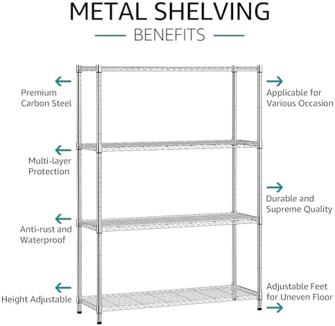 IZEUK 4-Tier Adjustable Heavy Duty Metal Wire Shelving Unit, Wide Storage Rack Organizer for Garage, Kitchen, Office, Dorm, Warehouse (Silver, 15.8" D x 45.8" W x 59.4" H, 1400 lbs Capacity) - Image 4