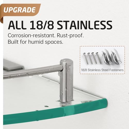 KES Glass Corner Shelf with Hooks 18/8 Stainless Steel, Tempered Glass Bathroom Corner Shelf with Rail, Shower Glass Shelf 3 Pack Wall Mounted, Brushed Finish, BGS2101A-2-P3 - Image 4