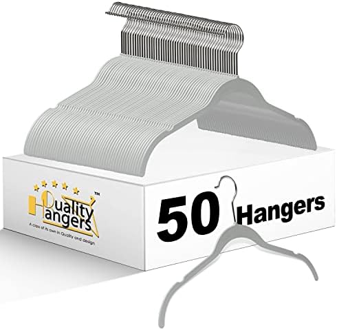Quality Hangers Clothes Hangers 50 Pack - Non-Velvet Plastic Hangers for Clothes -Heavy Duty Coat Hanger Set -Space-Saving Closet Hangers with Chrome Swivel Hook, Non-Flocked Hangers (50, Gray) by QualityHangers