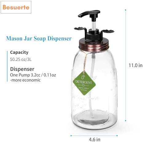 Glass Laundry Detergent Container - Besuerte Large Capacity Liquid Laundry Detergent Dispenser with Refillable & Reusable 2x50oz Mason Jars and Save Effort Pump Aid Handle, Bronze Cap - Image 3