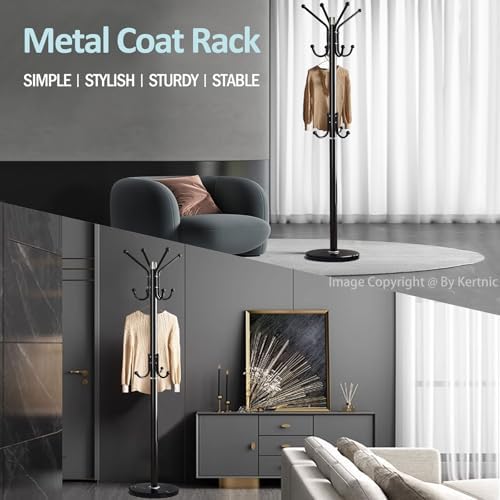 Kertnic Modern Coat Rack Freestanding with Natural Marble Base & Sturdy Metal Frame, 11 Hooks Hall Tree for Jackets, Hats, Bags, Entryway Organizer for Bedroom, Living Room, Closet (11 hooks-Black) - Image 4