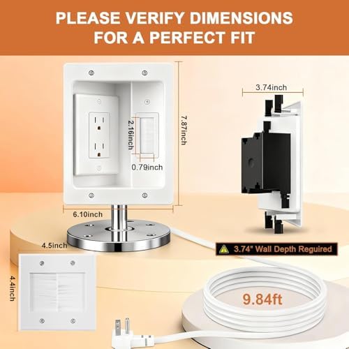 in Wall Cable Management Kit with Recessed Tv Outlet Box-Two-Hole Socket, 9ft Cord,Tv Cable Hider Wall Kit Hider Box Fits All Plugs, Easy, Safe Cable Management - Image 2