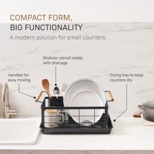 YAMAZAKI Home Dish Drying Rack – Modern Black Dish Rack for Kitchen Counter with Removable Drainer Tray and Cutlery Holder, Steel + Wood Dish Drying Organizer, Small Space-Saving Design - Image 3