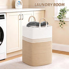 Laundry Basket Hamper,Blanket Storage,Dirty Clothes Hamper with Swivel Handles,Woven Cotton Rope Toy Baskets,Blanket Basket Living Room,Decorative Hampers for Nursery,Bedroom,White & Brown,80L - Image 3