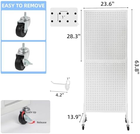 NectaCol 2'x 5' Standing Pegboard Display with T-Base, Pegboard Display Stand with Wheels, Metal Peg Board Display Rack, Art Display Stand, Extra 10 Pieces Hooks - White - Image 2