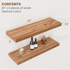 Floating Shelves for Wall Decor, 8" Deep Rustic Solid Elm Wood Floating Shelves Wall Mounted, Wall Shelves with Invisible Bracket for Living Room Bathroom Bedroom Kitchen, 24 Inch Set of 2, Natural - Image 2