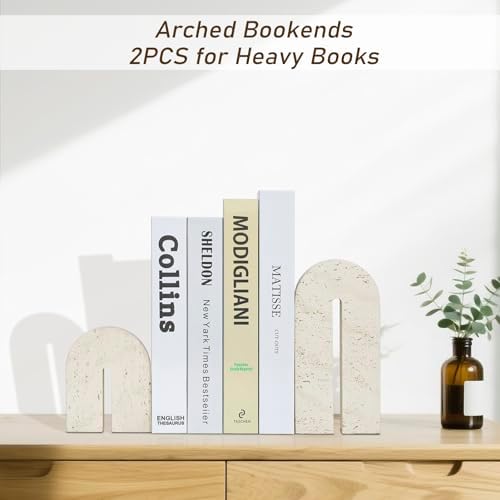 BOHDK Book Ends for Shelves, Resin Heavy Duty Decorative Bookends, Retro Arch Book Holder for Heavy Books, Imitation Travertine Book Stopper for Home Decor, Study, Bookshelf, Desktop, Set of Two - Image 3