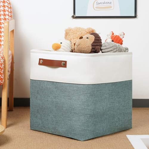DULLEMELO Set Of 4 Cube Storage Bins, Fabric Storage Basket for Shelves Closet Nursery Toy Storage, 12 inch Fabric Storage Cubes Bins Canvas Organization Baskets (White&Deep Green) - Image 5