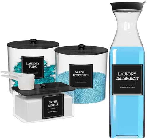 3+1 Pack Laundry Pods Containers & Dryer Sheet Holder & Laundry Detergent Dispenser, Laundry Room Organization and Storage Jars with Lids, Labels and Scoops for Scent Booster Powder Pods, Black Lid by AIKAMI