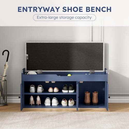 40" Storage Bench - Entryway Shoe Bench with 3 Doors and Top Storage Area, Multifunctional Entryway Bench with Lift Top Cushion, Shoe Storage Bench for Bedroom, Living Room, Navy Blue - Image 3