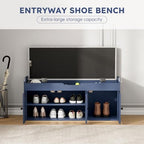 40" Storage Bench - Entryway Shoe Bench with 3 Doors and Top Storage Area, Multifunctional Entryway Bench with Lift Top Cushion, Shoe Storage Bench for Bedroom, Living Room, Navy Blue - Image 3