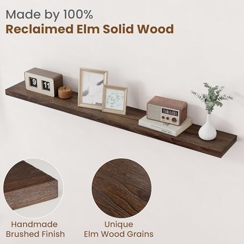 Floating Shelves for Wall Decor, 8 Inch Deep Rustic Solid Elm Wood Floating Shelves Wall Mounted, Wall Shelves with Invisible Bracket for Living Room Bathroom Bedroom Kitchen, 55 Inch Set of 1, Walnut - Image 3