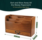 Rustic Wooden Desk Organizer - Vertical File Sorter with 3 Compartments & 1 Paper Tray Drawer - Mahogany Wood - Image 3