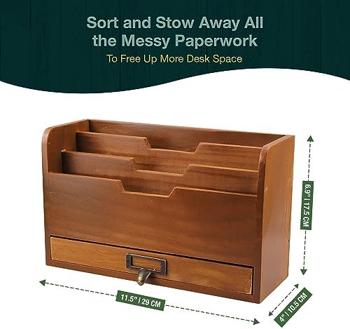 Rustic Wooden Desk Organizer - Vertical File Sorter with 3 Compartments & 1 Paper Tray Drawer - Mahogany Wood - Image 3