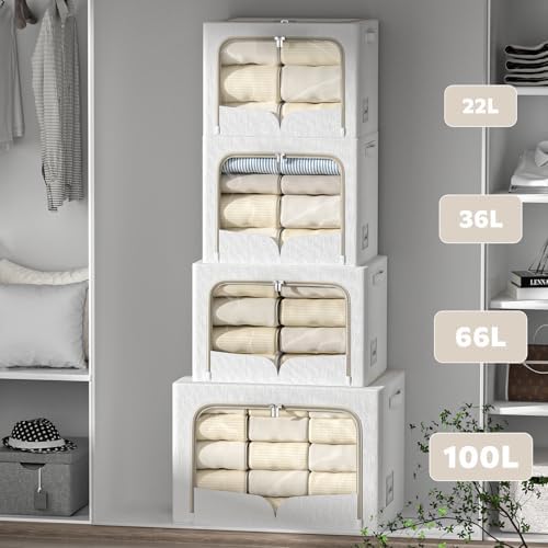 FHSQX 3 Pack Clothes Storage Bins Foldable Metal Frame Storage Box Stackable Linen Fabric Container Organizer Set with Carrying Handles and Clear Window (Cream White, 15.7x11.8x11.8inch(36L)) - Image 3