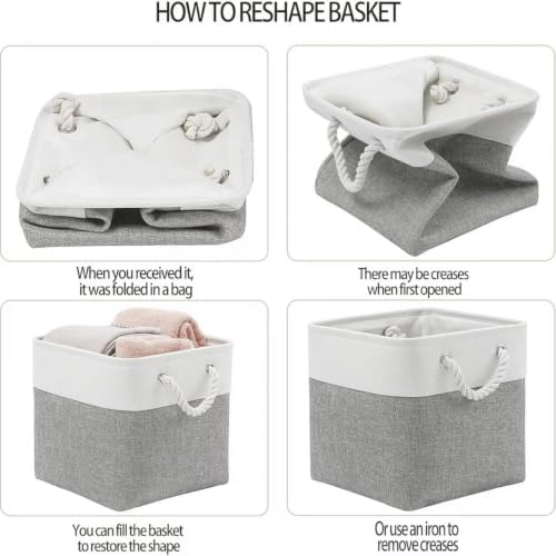 11x11 Inch Cube Storage Bins, 8 Pack Collapsible Fabric Storage Cubes with Rope Handles, Waterproof Foldable Storage Baskets for Cube Shelves, Closet, Clothes, Toys, Books, White & Gray - Image 6