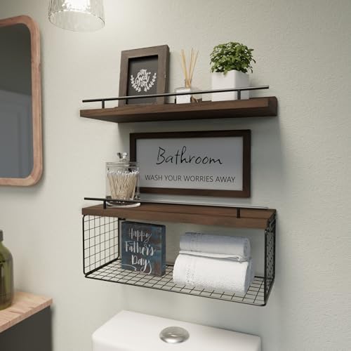 WOPITUES Floating Shelves for Bathroom Decor Art, Rustic Brown - Image 2