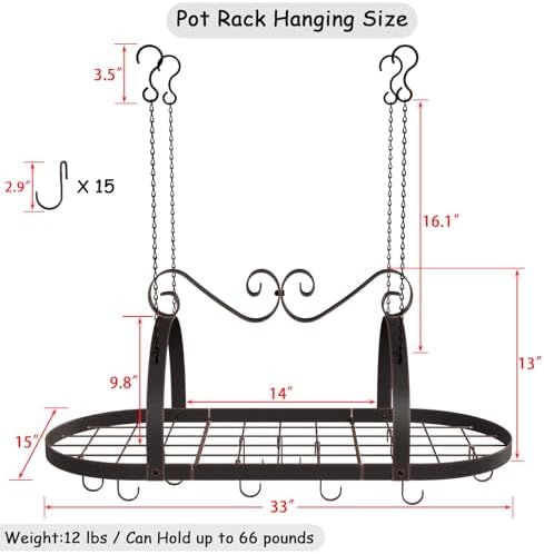 Metal Hanging Pot Rack Ceiling Mount, Vintage Oval Pot and Pan Storage Rack - Image 3