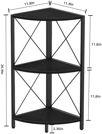 Snughome Corner Shelf with Metal Frame, 3 Tier Corner Storage Organizer, Freestanding Corner Bookshelf Stand Display Rack for Kitchen, Living Room, Black - Image 3