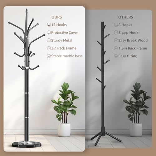 HzTinT Heavy Duty Coat Rack with Marble Base, 12 Hooks, Adjustable Heights - Image 3