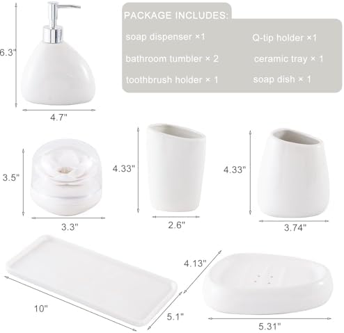 Ceramic Bathroom Accessory Set, 7 Pieces Countertop Accessories, Include Soap Dispenser, Toothbrush Holder, 2 Tumbler Cup, Soap Dish, Plastic Vanity Tray, Qtip Holder (White) - Image 2