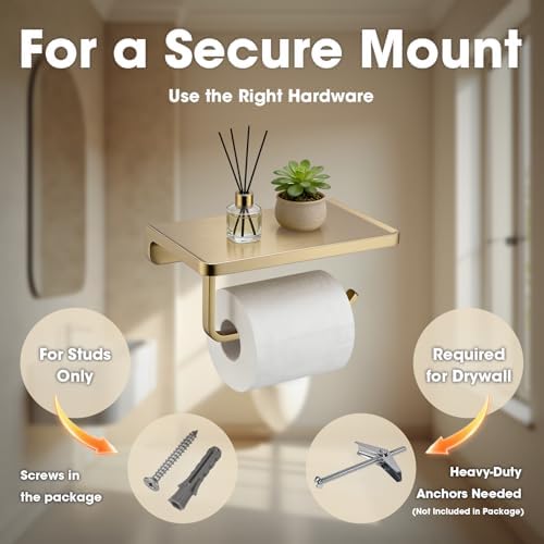 TRUSTMI Toilet Paper Holder with Phone Shelf, Zinc Alloy, Brushed Gold - Image 5