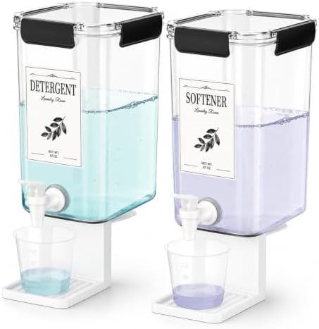 Soaoo 2 Pcs Laundry Detergent Dispenser 87 oz Liquid Soap Dispenser with Faucet for Laundry Room 2 Liquid Detergent Holder with Labels and 2 Measuring Cup Fabric Softener Container by Soaoo