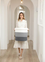 16x18 Inch Extra Large Round Cotton Rope Storage Basket with Lid, Decorative Woven Bin with Cover for Living Room Bedroom Closet, Grey & Dark Grey - Image 6