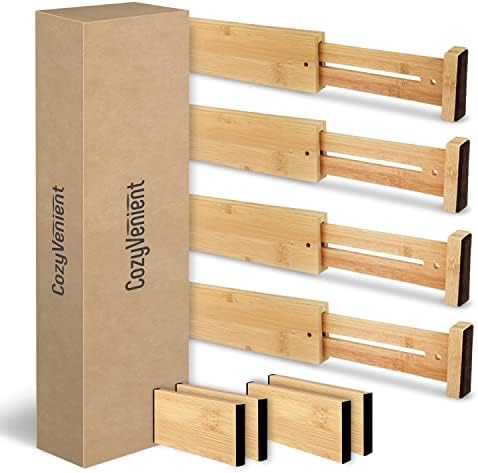 Adjustable Bamboo Drawer Dividers for Clothes, Kitchen Utensils, Office Desks, Bathroom Accessories, Socks and Underwear, and Personal Items, 4 Dividers with 4 Partitions - Image 2