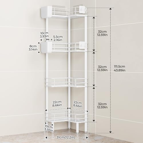 Orimade Rustproof 4 Tier Floor Standing Corner Shower Caddy Organizer with Toothbrush Holder, Large Spacing Floor Shower Shelf Rack Storage Stands with Hooks for Bathroom Kitchen, White - Image 2