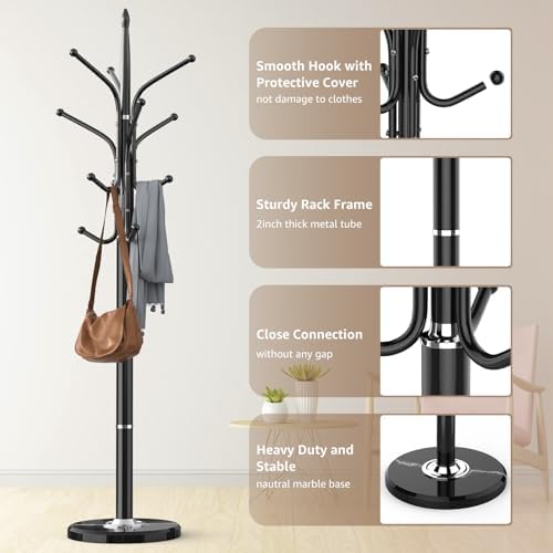 HzTinT Heavy Duty Coat Rack with Marble Base, 12 Hooks, Adjustable Heights - Image 4