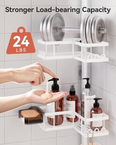 YASONIC Corner Shower Caddy Tension Pole, 25.7-109.1in Adjustable Shower Shelves, Rust-Resistant Shower Organizer, No-Drill 3-Step Installation, Bathroom Shelves for Renters & Family, White - Image 6