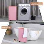Slim Laundry Basket with Wheels,Narrow Hampers for Laundry,Freestanding Laundry Hamper with Lid&Bamboo Handles,Collapsible & Waterproof Tall Cloth Hamper for Dorm Family(60L Pink) - Image 5
