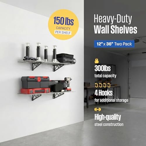 SafeRacks Steel Garage Wall Shelves 2-Pk w/Hooks, 300lb, Hammertone (12x36) - Image 2